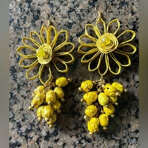 Handmade yellow straw Quill floral beaded earrings